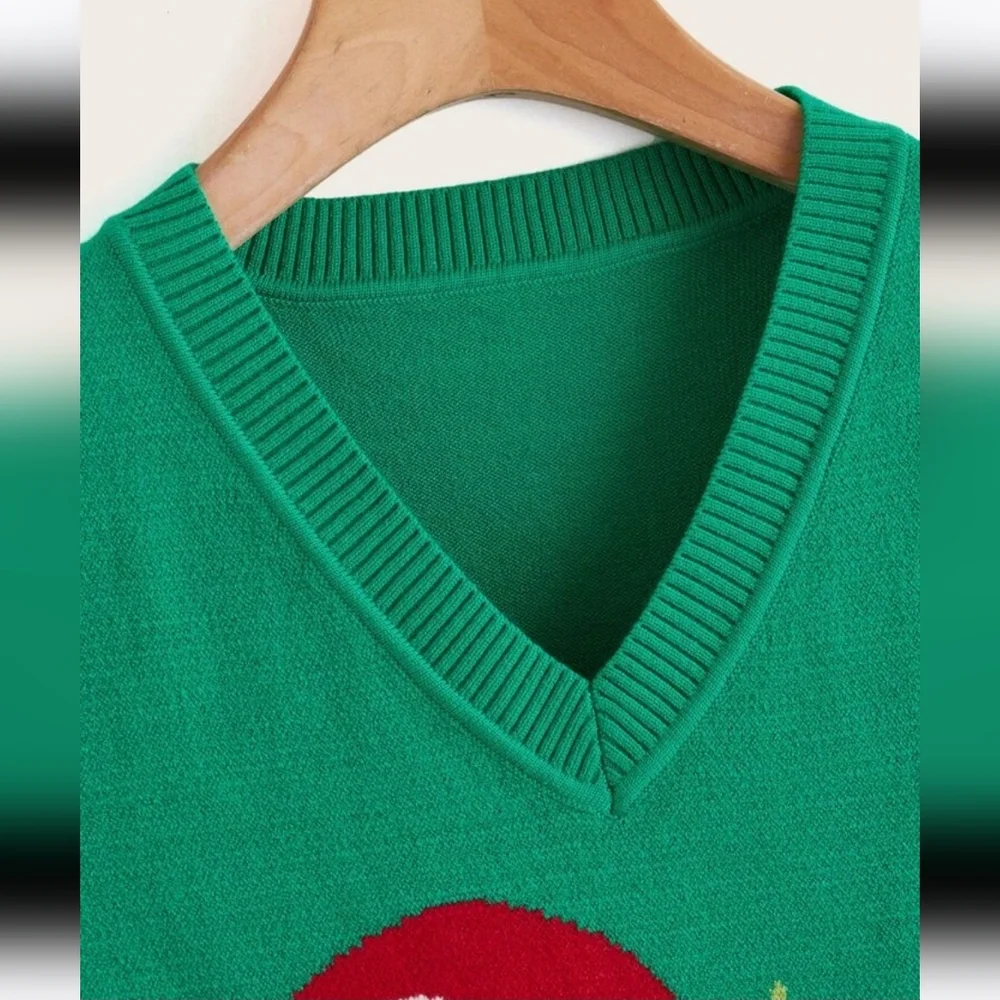 Mushroom Print V Neck Sweater Vest Springtime Green Red Sleeveless S-L - Picture 3 of 6